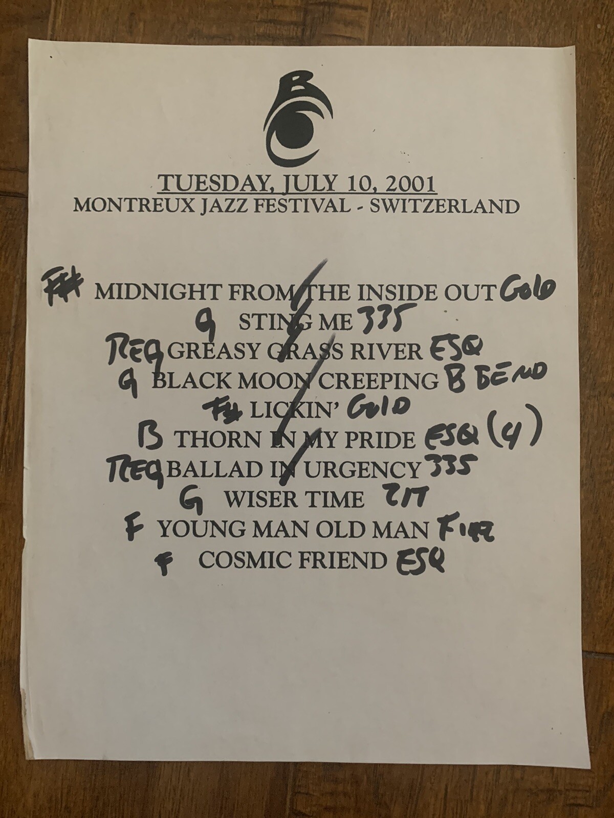 The Black Crowes 7-10-01 Tour Concert Used Set List W Notes Montreux Jazz
