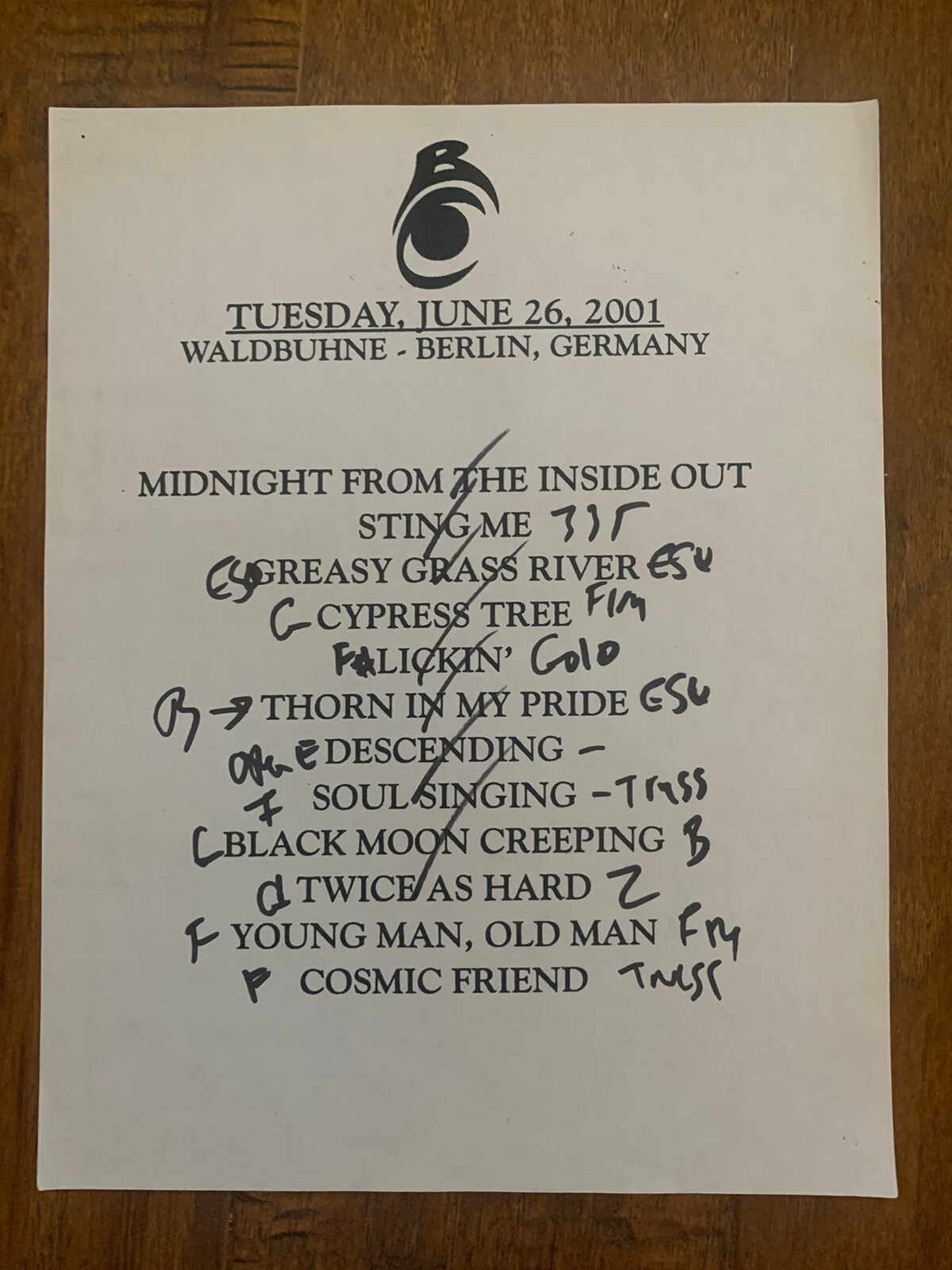 Black Crowes Band 6-26-01 Tour Concert Used Set List W Notes Berlin, Germany #2
