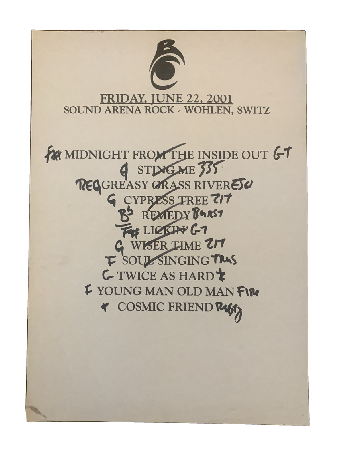 Black Crowes Band 6-22-01 Tour Concert Used Set List W/ Notes Wohlen Switzerland
