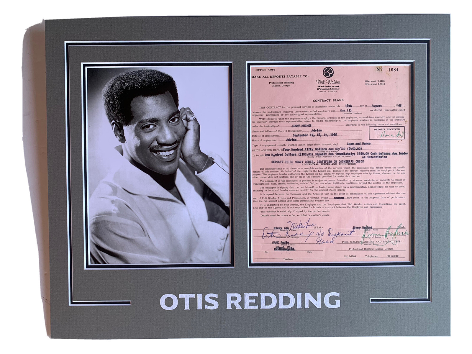 OTIS REDDING JIMMY HUGHES SIGNED 1965 CONTRACT AUTOGRAPH REAL COA GUARANTEED

