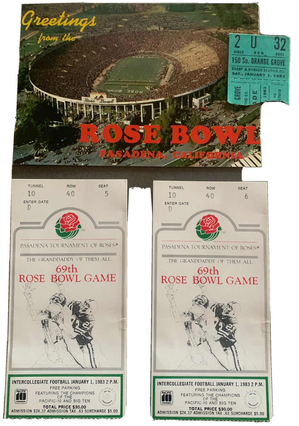 1993 ROSE BOWL FOOTBALL 3 TICKET STUBS & POST CARD MICHIGAN/WASHINGTON COLLECTIBLE MEMORABILIA
