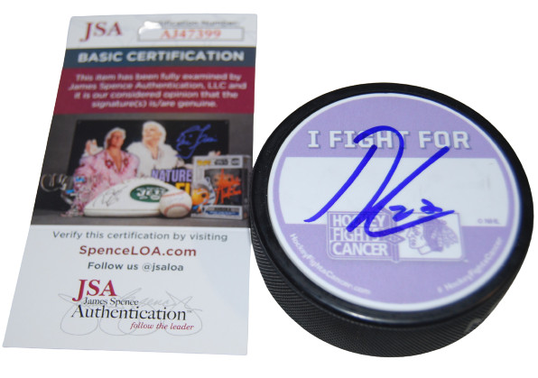 LUKAS REICHEL signed (CHICAGO BLACKHAWKS) CANCER hockey puck JSA COA AJ47399
