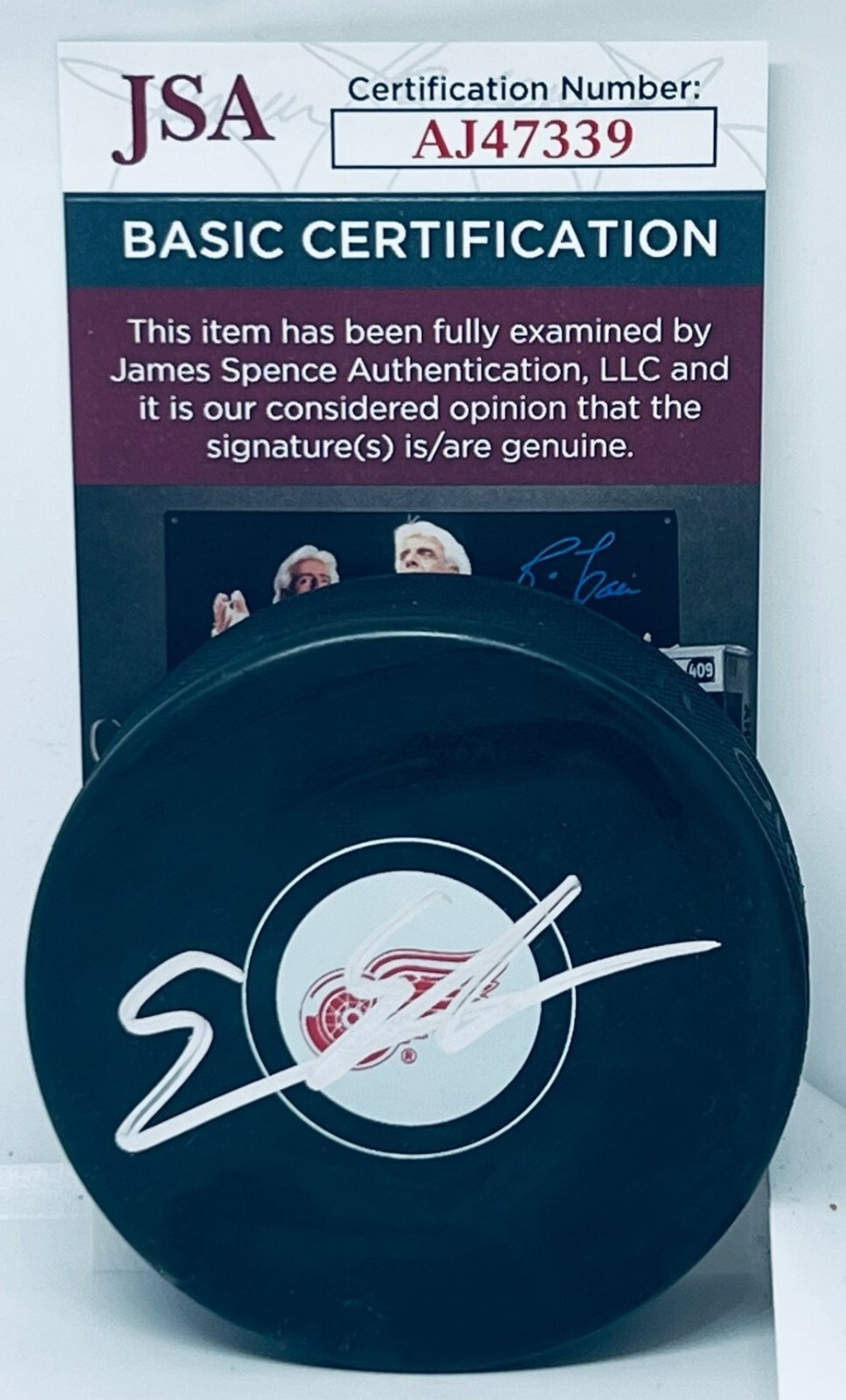 Simon Edvinsson signed Detroit Red Wings Logo Puck autographed JSA
