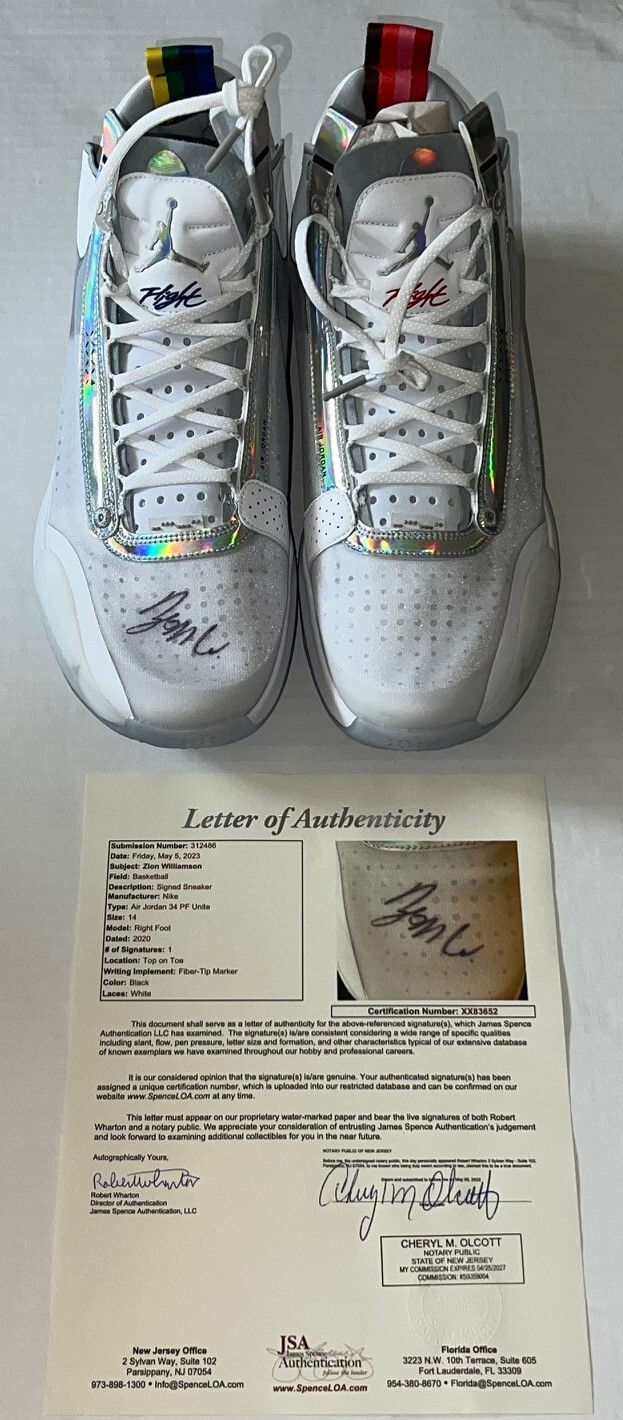 ZION WILLIAMSON NEW ORLEANS PELICANS SIGNED AIR JORDAN XXXIV UNITE SHOES JSA LOA COLLECTIBLE MEMORABILIA