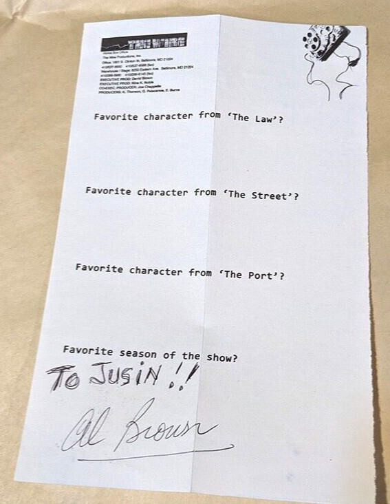 Al Brown of The Wire HBO Valchek REAL hand signed Fan Letter COA RARE
