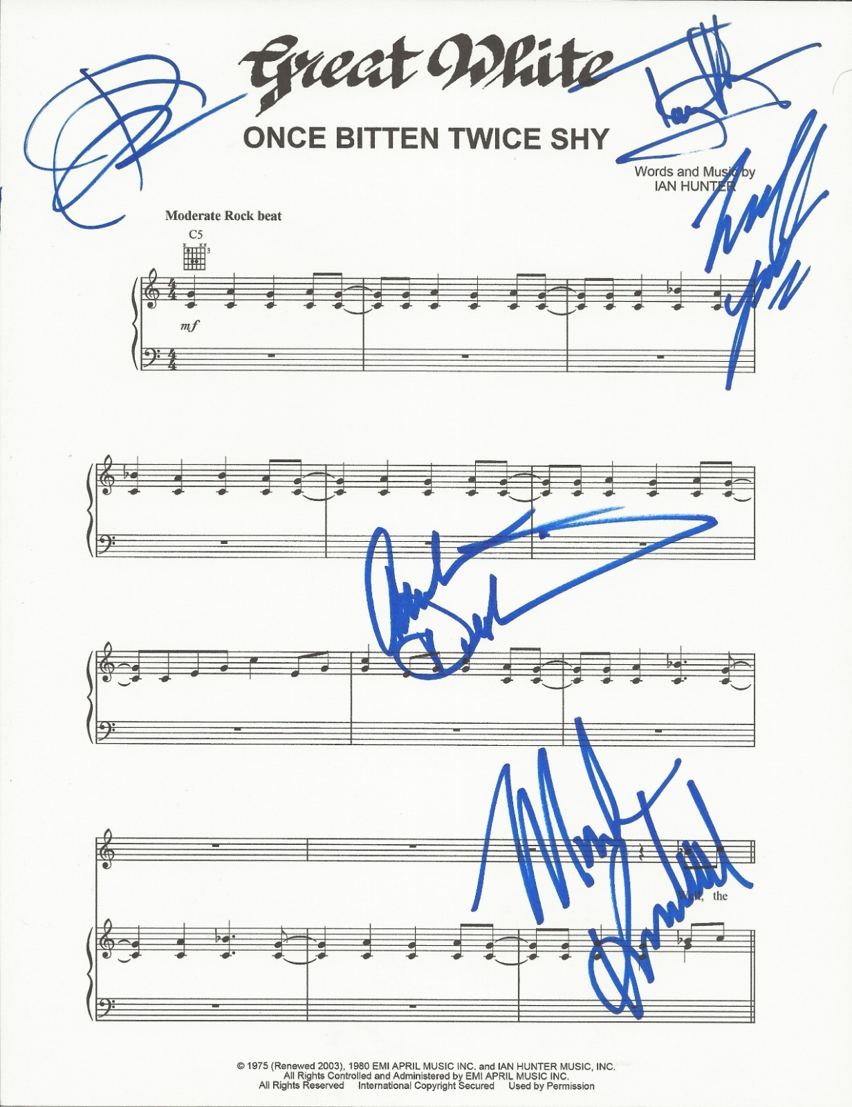 Great White band SIGNED Once Bitten Twice Shy sheet music #3 COA by 5 members
