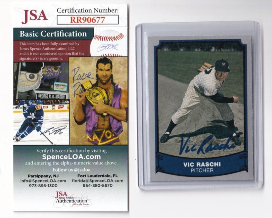 Vic Raschi Yankees REAL hand SIGNED 1988 Pacific Legends baseball card JSA COA
