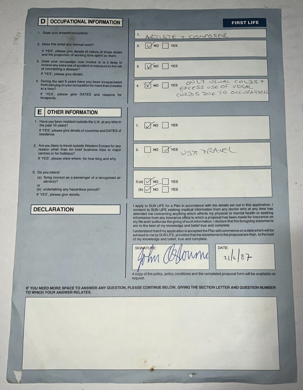 John Ozzy Osbourne REAL hand SIGNED as John Orig. Insurance Document JSA LOA
