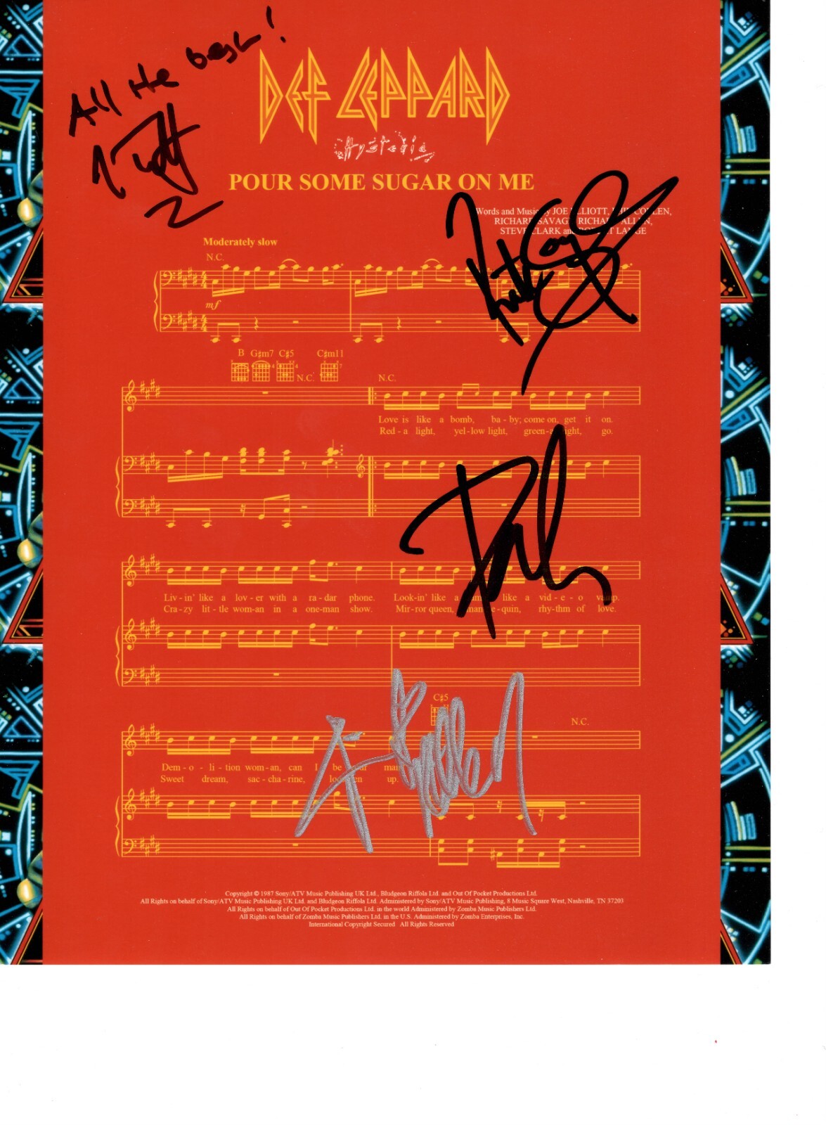 Def Leppard REAL hand SIGNED sheet music #4 COA Elliot, Savage, Collen, Allen
