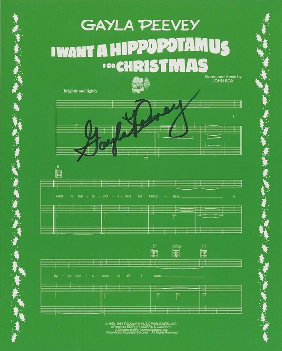 Gayla Peevey REAL SIGNED I Want A Hippopotamus For Christmas Sheet Music #2 COA
