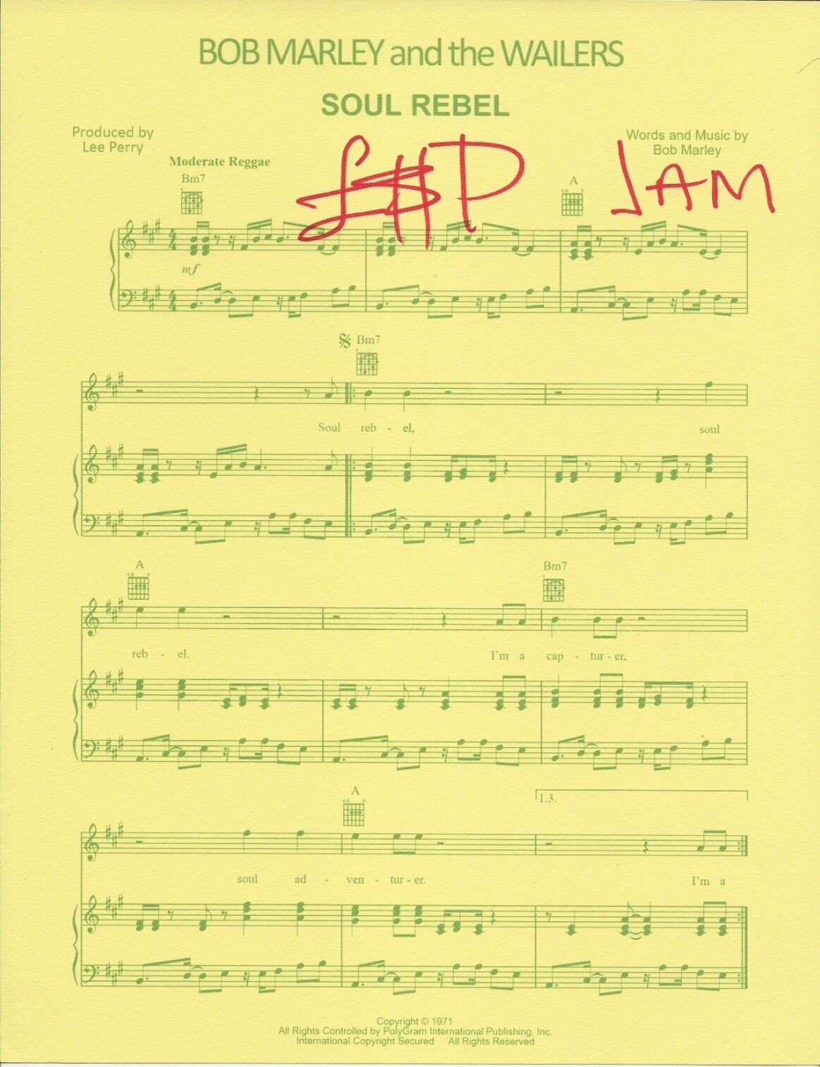 LEE SCRATCH PERRY REAL SIGNED SOUL REBEL SHEET MUSIC COA BOB MARLEY WAILERS COLLECTIBLE MEMORABILIA