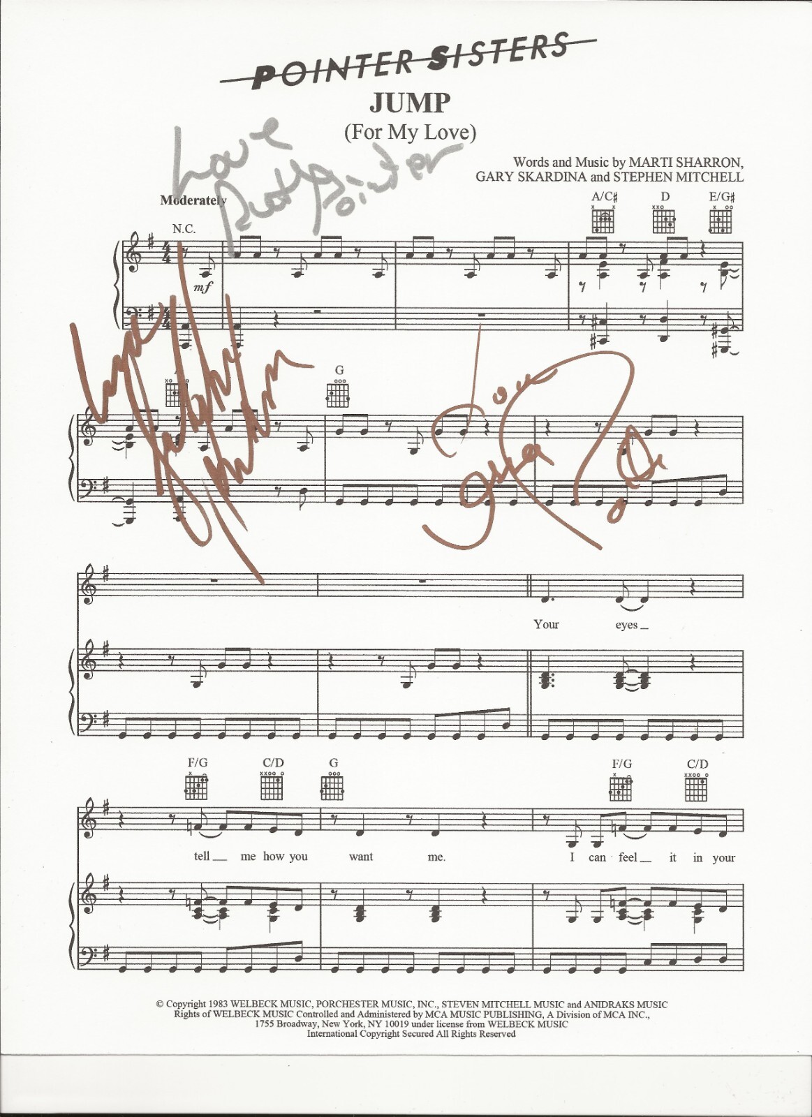 The Pointer Sisters SIGNED Jump Sheet Music COA by Ruth Issa Sadako
