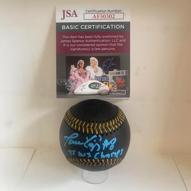 JAVY LOPEZ BRAVES 95 WS CHAMPS SIGNED BLACK M.L. BASEBALL JSA AF50302
