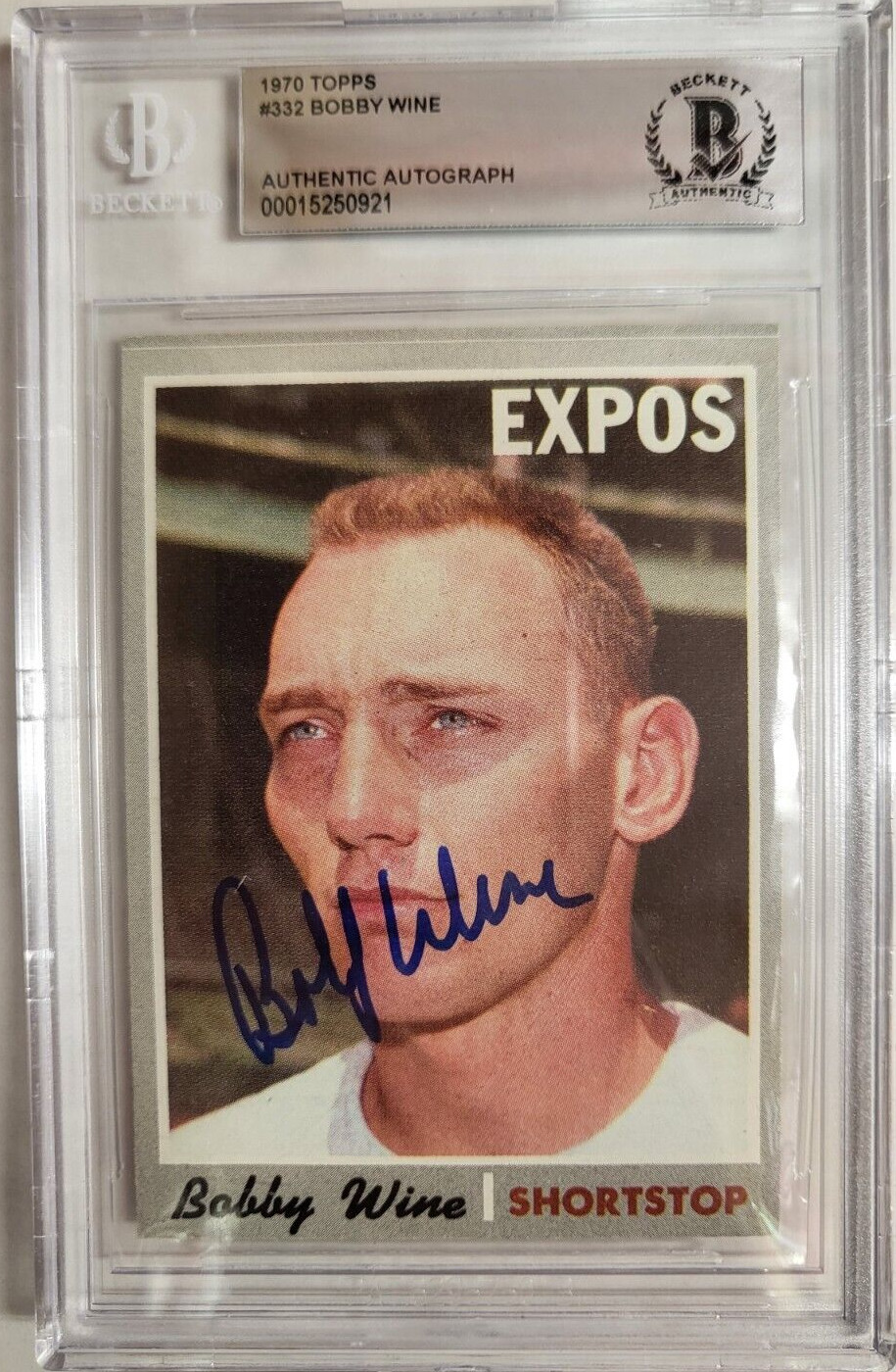 1970 TOPPS BOBBY WINE #332 EXPOS AUTO SIGNED CARD BECKETT AUTHENTIC
