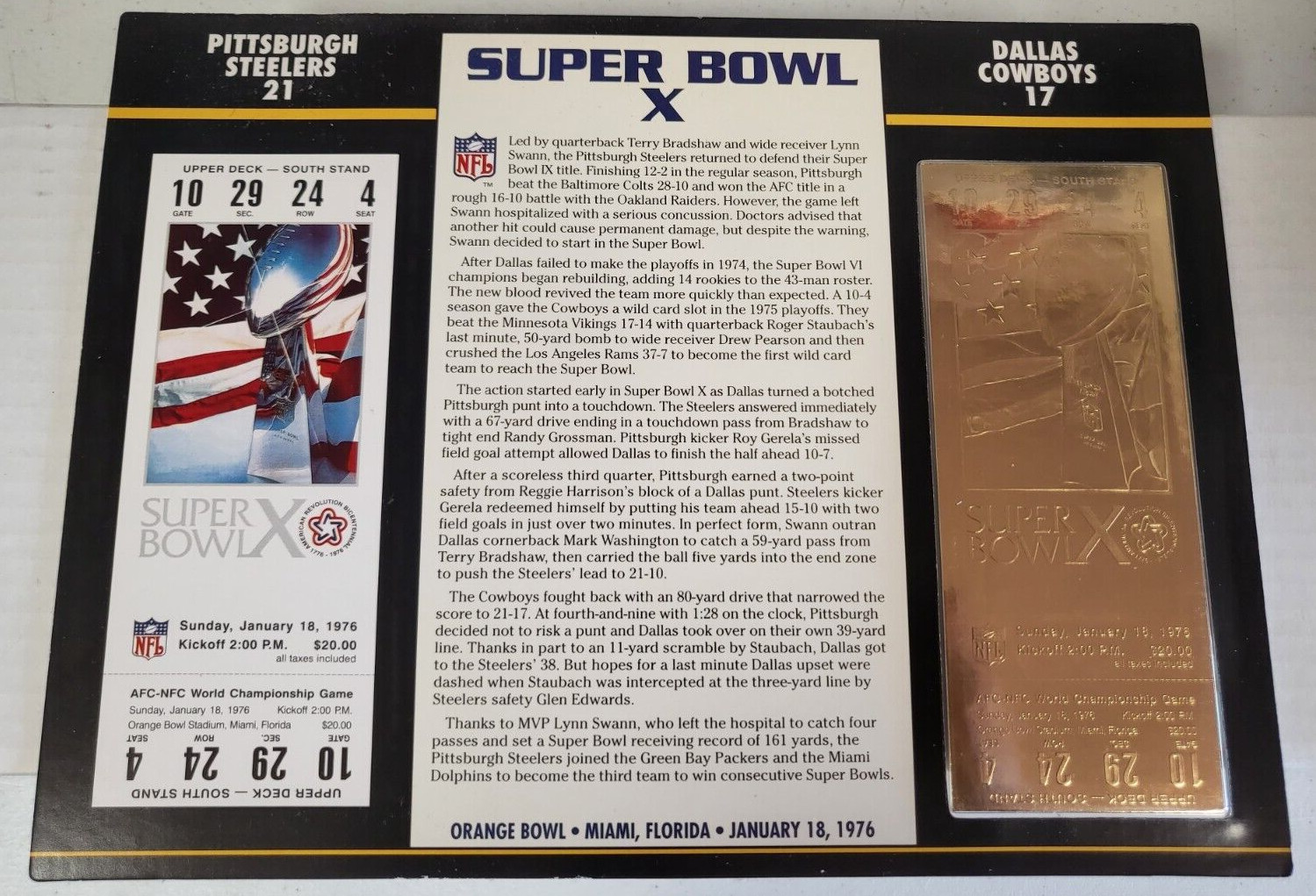 NFL SUPER BOWL X 22KT GOLD TICKET WILLABEE WARD STEELERS 21 DALLAS COWBOYS 17
