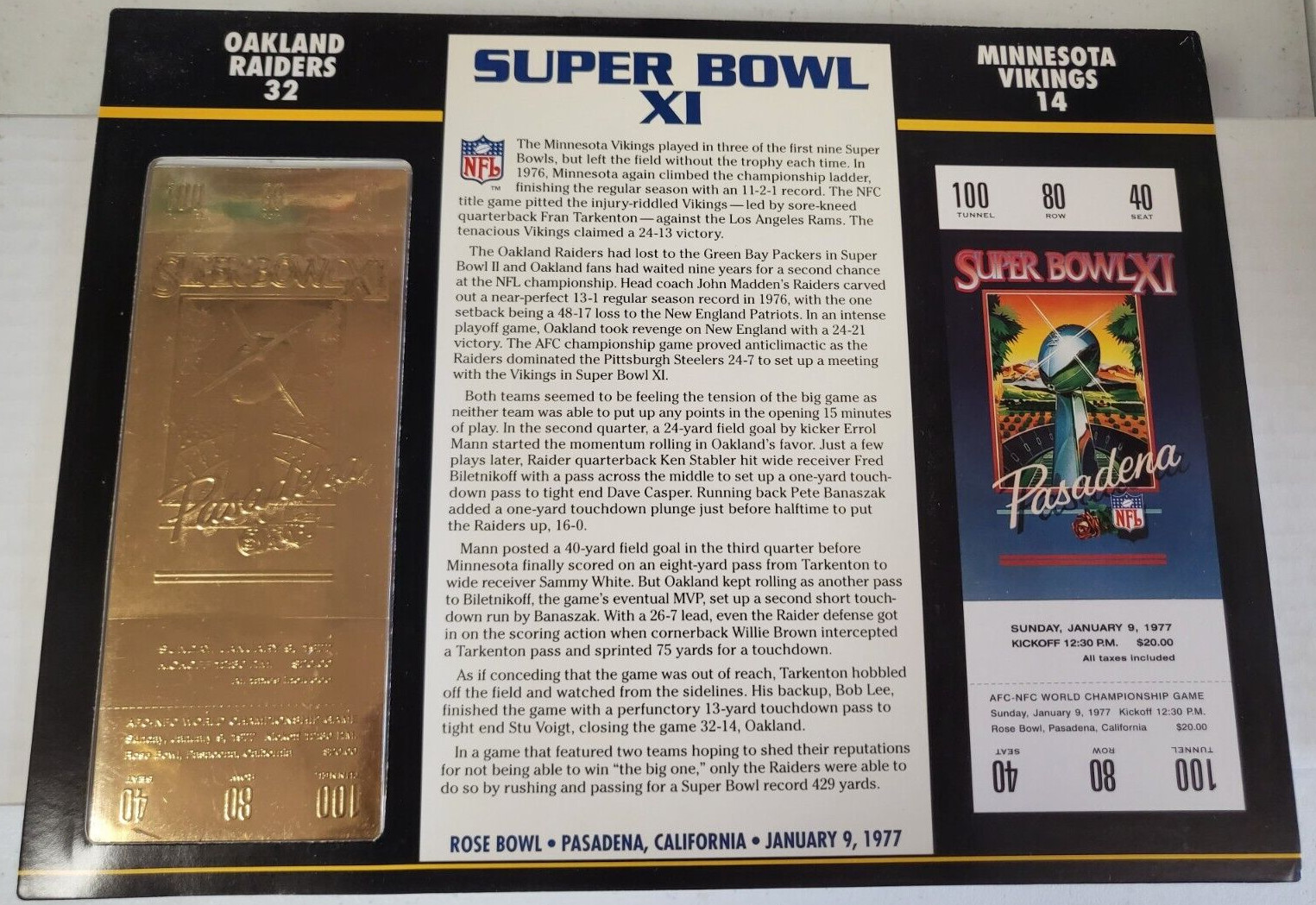 NFL SUPER BOWL XI 22KT GOLD TICKET WILLABEE WARD RAIDERS 32 VIKINGS 14
