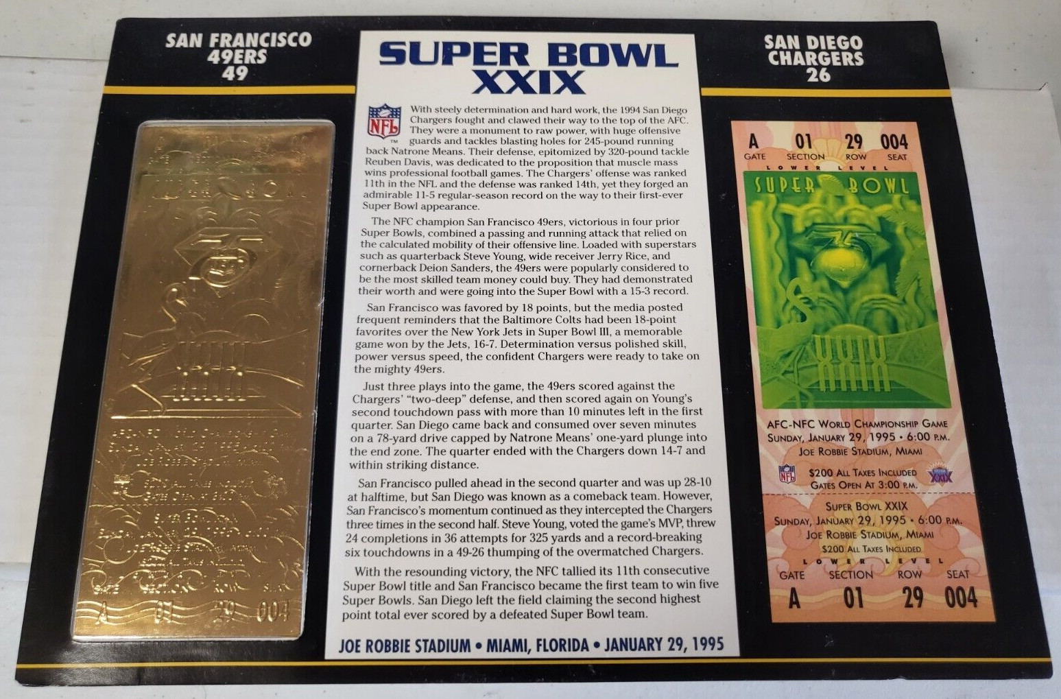 NFL SUPER BOWL XXIX 22KT GOLD TICKET WILLABEE WARD SF 49ERS 49 CHARGERS 26
