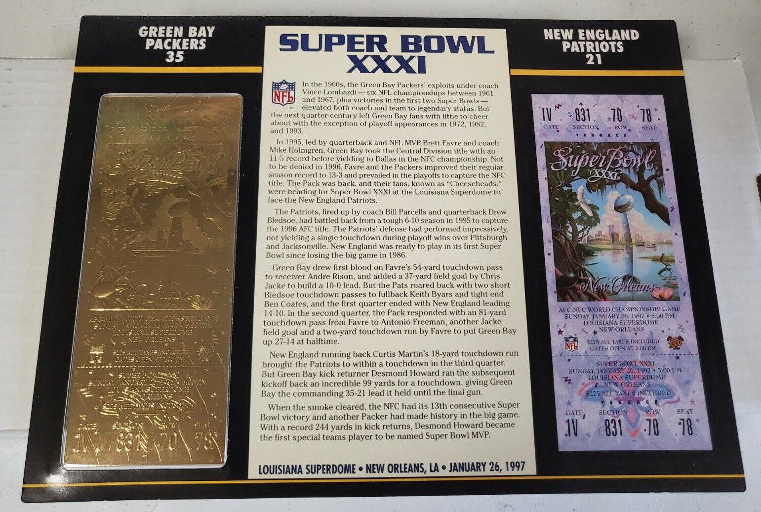 NFL SUPER BOWL XXXI 22KT GOLD TICKET WILLABEE WARD PACKERS 35 PATRIOTS 21
