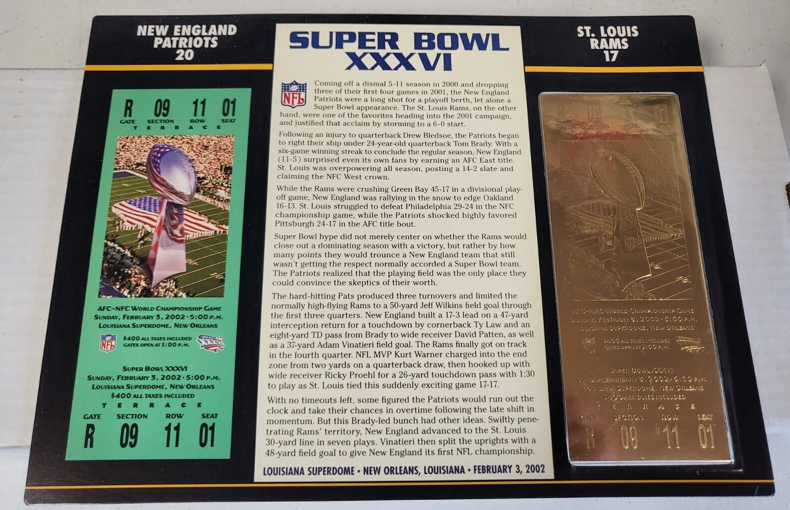NFL SUPER BOWL XXXVI 22KT GOLD TICKET WILLABEE WARD PATRIOTS 20 RAMS 17

