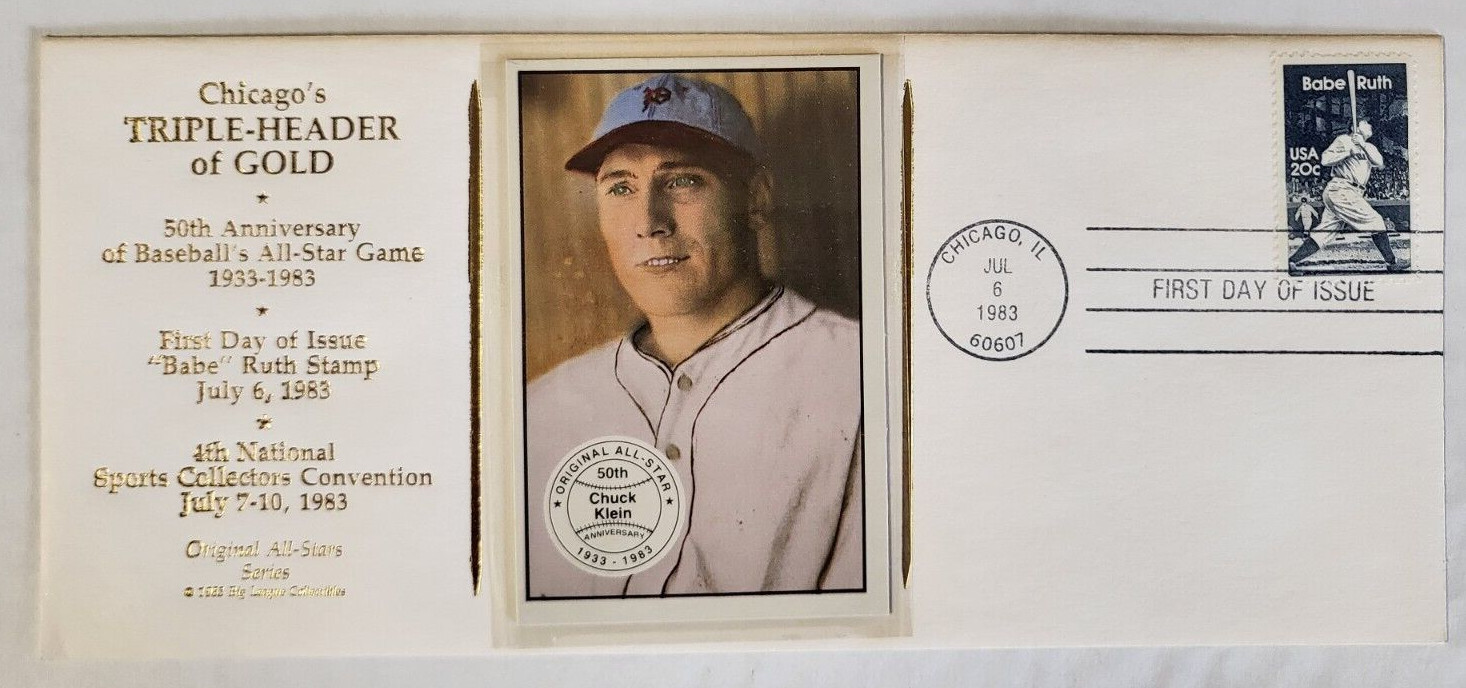 CHICAGO’S TRIPLE-HEADER OF GOLD CACHET FIRST DAY ISSUE BABE RUTH CHUCK KLEN COLLECTIBLE MEMORABILIA