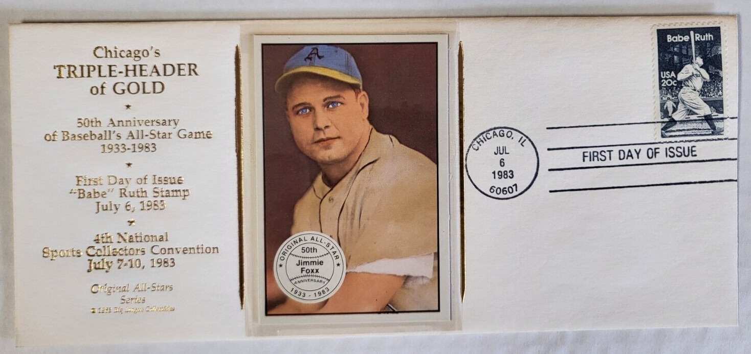 CHICAGO'S TRIPLE-HEADER OF GOLD CACHET FIRST DAY ISSUE BABE RUTH JIMMIE FOXX
