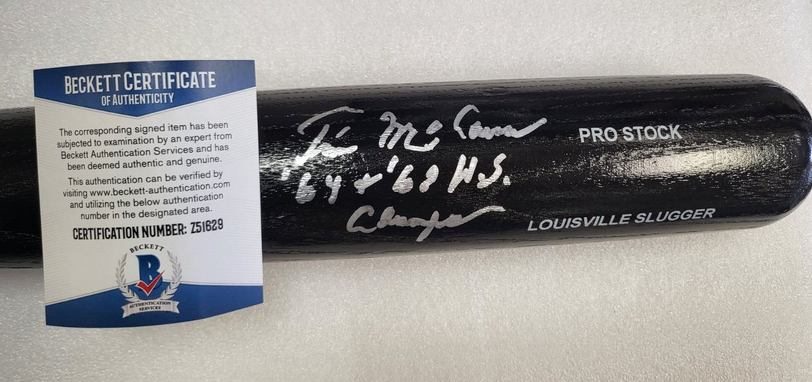 TIM MCCARVER 64 67 WS CHAMPS SIGNED AUTOGRAPHED BLACK RAWLINGS BAT BECKETT **
