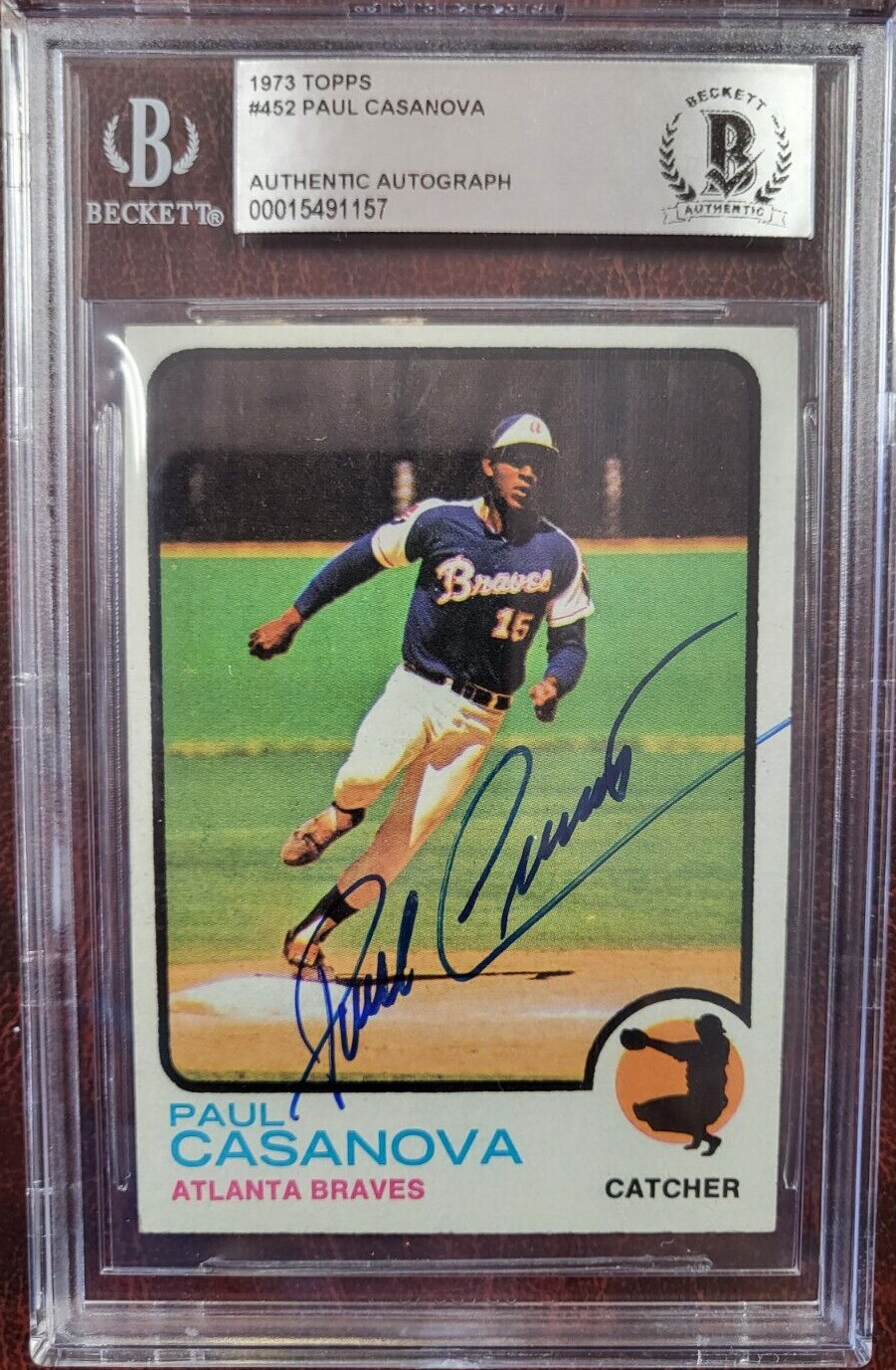 1973 TOPPS PAUL CASANOVA BRAVES SIGNED AUTOGRAPH #452 CARD BECKETT AUTHENTIC
