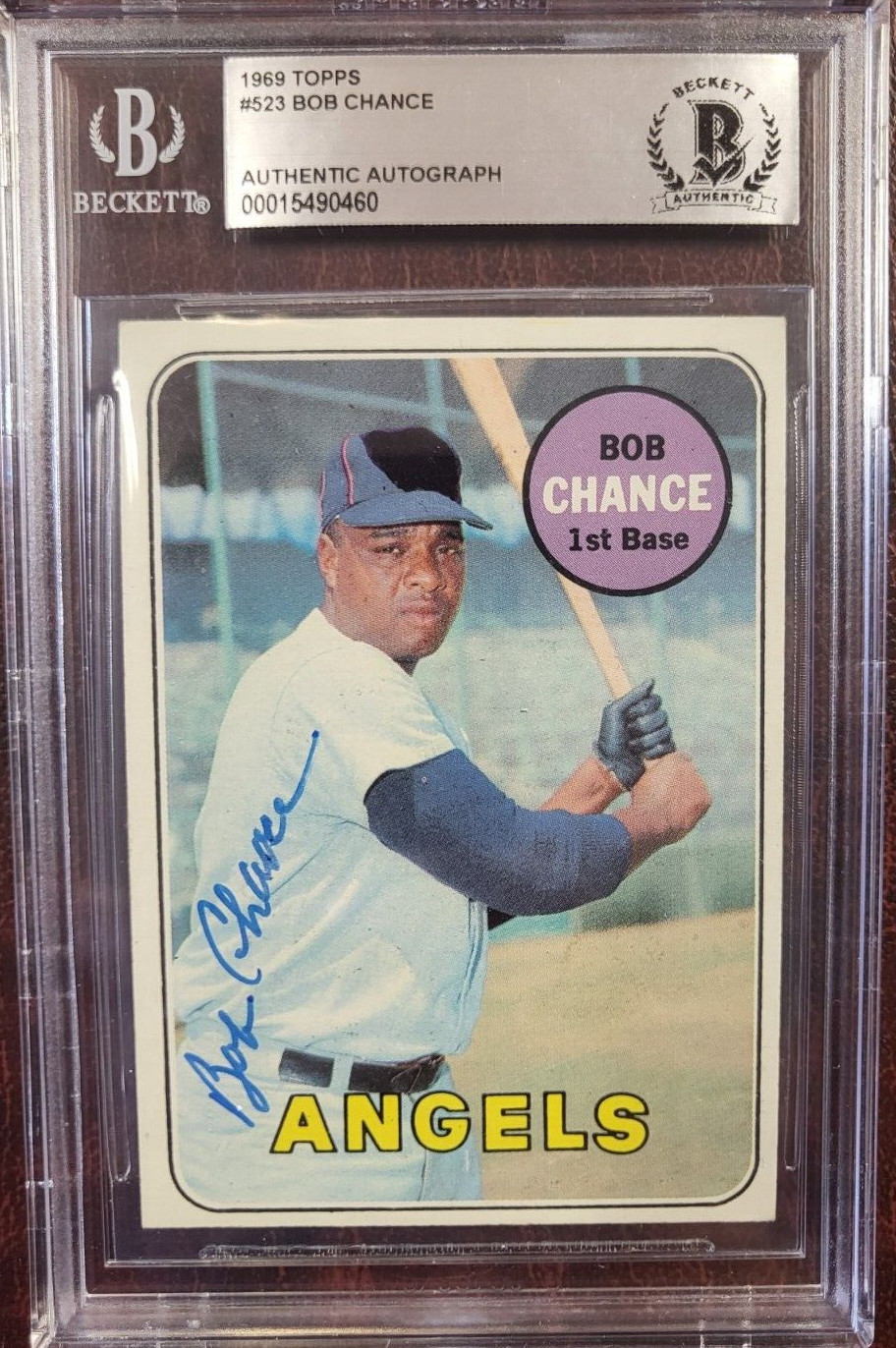 1969 TOPPS BOB CHANCE ANGELS SIGNED AUTOGRAPH #523 BASEBALL CARD BECKETT AUTH COLLECTIBLE MEMORABILIA