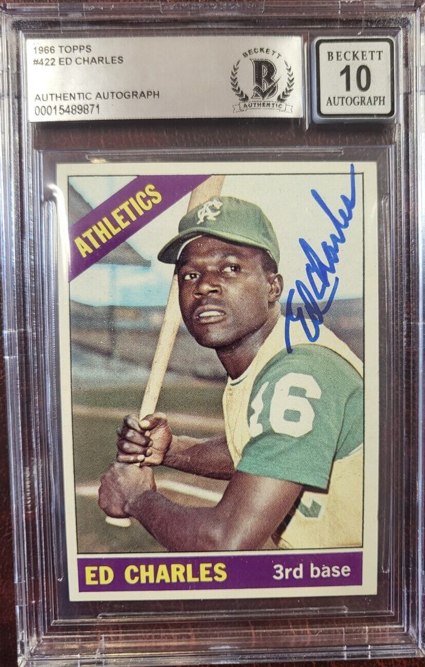 1966 TOPPS ED CHARLES ATHLETICS SIGNED AUTOGRAPH #422 CARD BECKETT 10 AUTO COLLECTIBLE MEMORABILIA