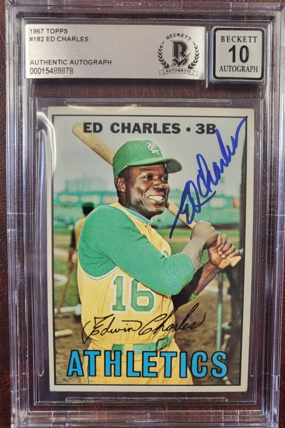 1967 TOPPS ED CHARLES ATHLETICS SIGNED AUTOGRAPH #182 CARD BECKETT 10 AUTO COLLECTIBLE MEMORABILIA