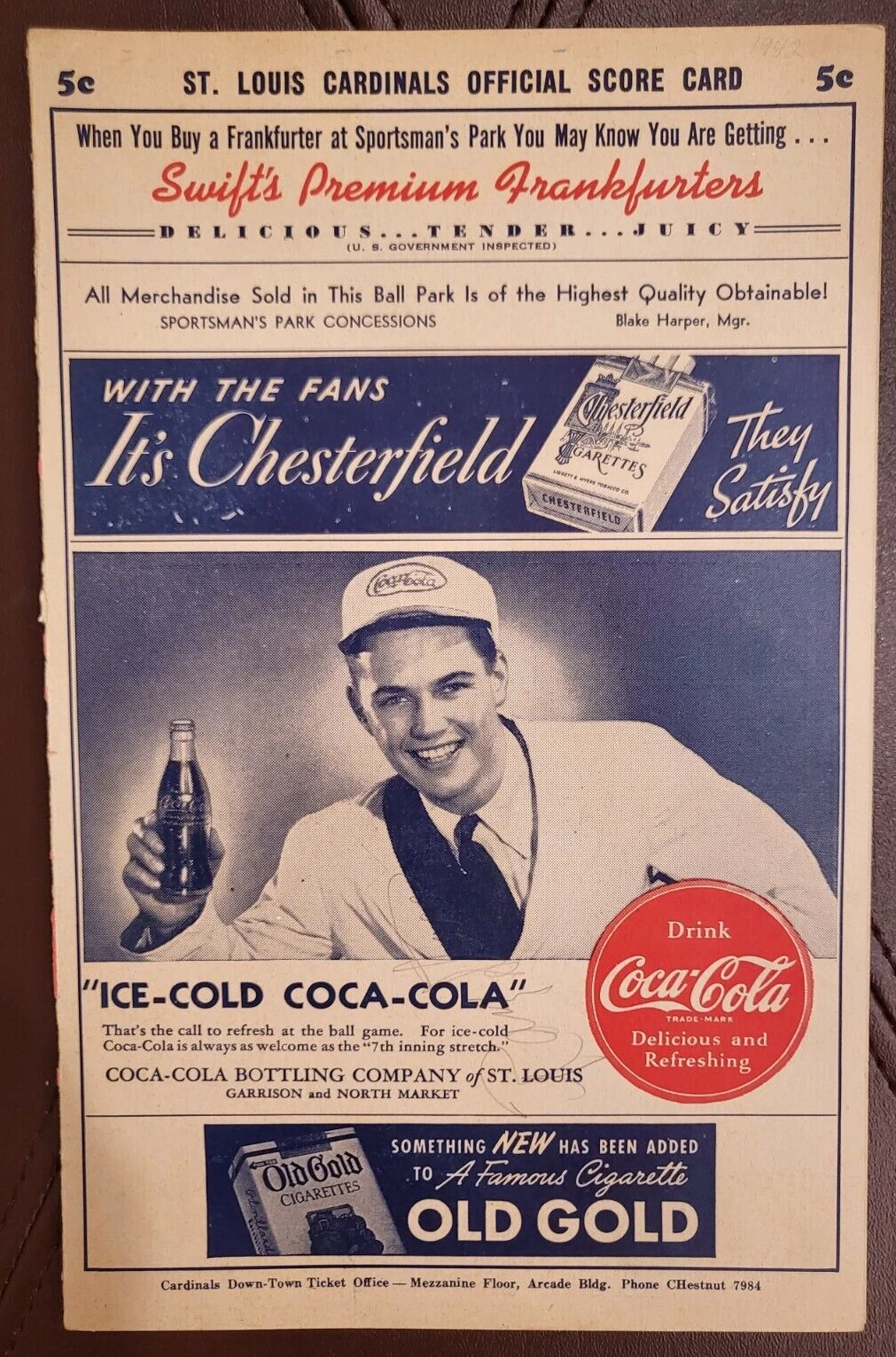 VINTAGE 5 CENT ST LOUIS CARDINALS BASEBALL OFFICIAL SCORECARD STL VS CINN COLLECTIBLE MEMORABILIA