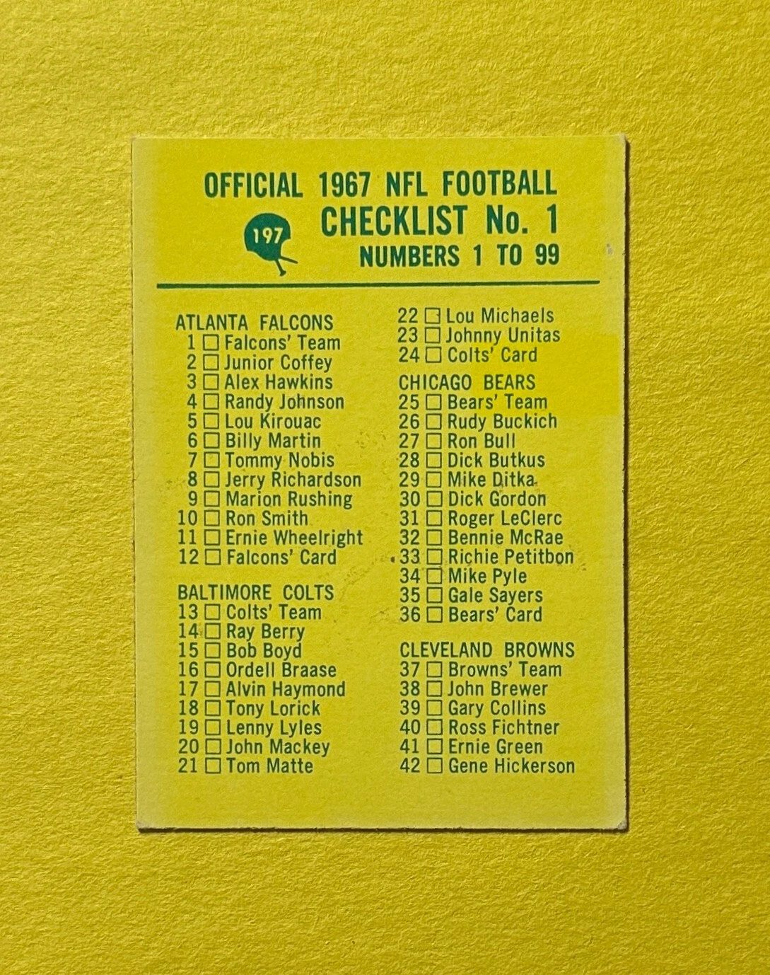 1967 PHILADELPHIA CHECKLIST NO. 1 #197 UNMARKED COLLECTIBLE MEMORABILIA