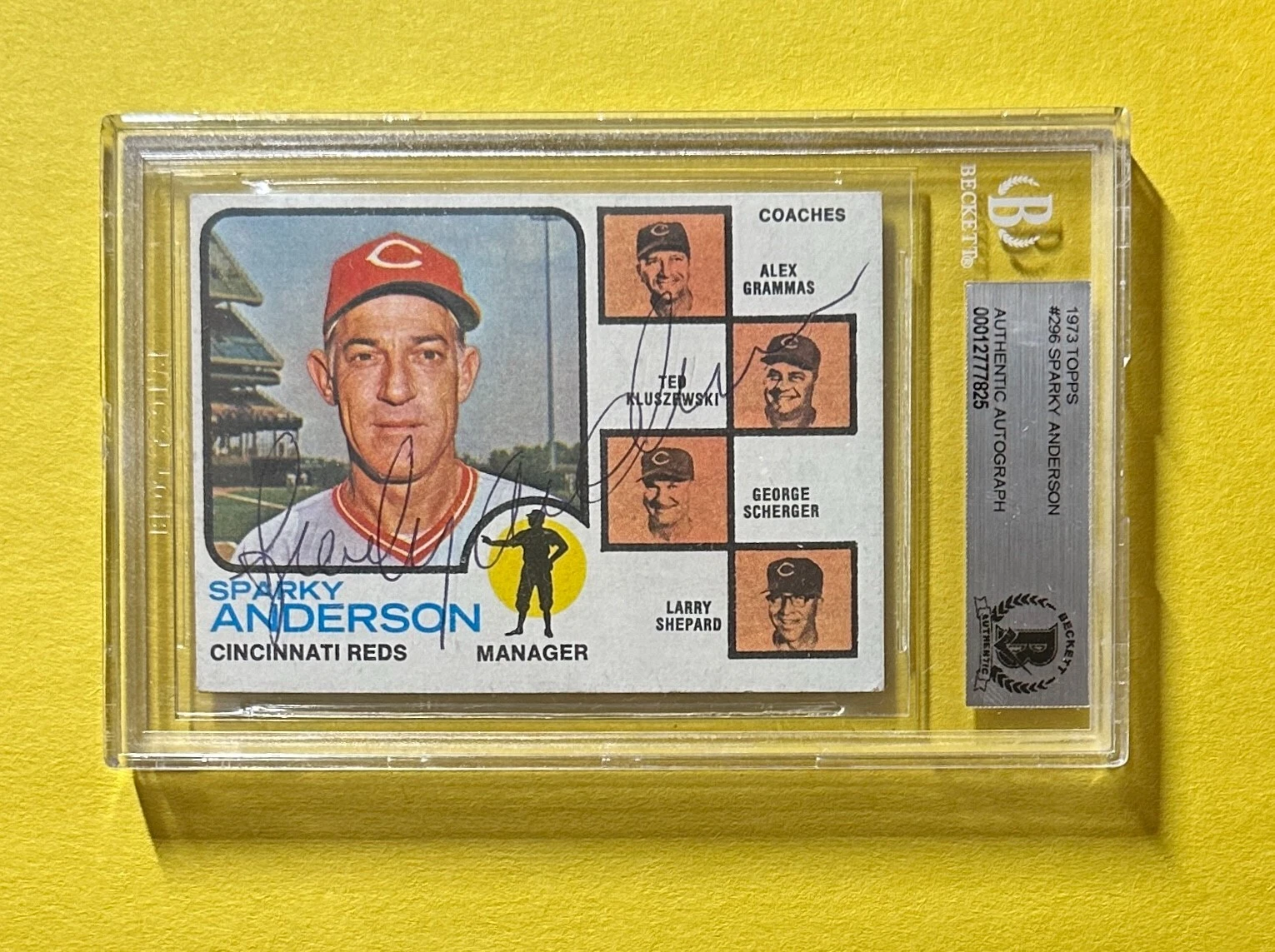 1973 TOPPS SPARKY ANDERSON #296 AUTHENTIC AUTO BECKETT CERTIFIED REDS
