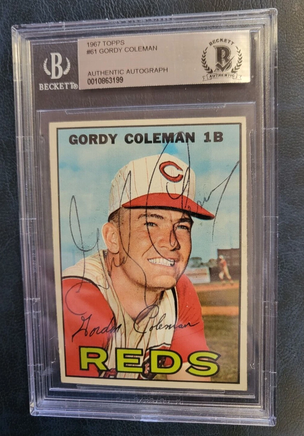 1967 TOPPS GORDY COLEMAN REDS SIGNED AUTOGRAPHED CARD #61 BECKETT AUTHENTIC COLLECTIBLE MEMORABILIA
