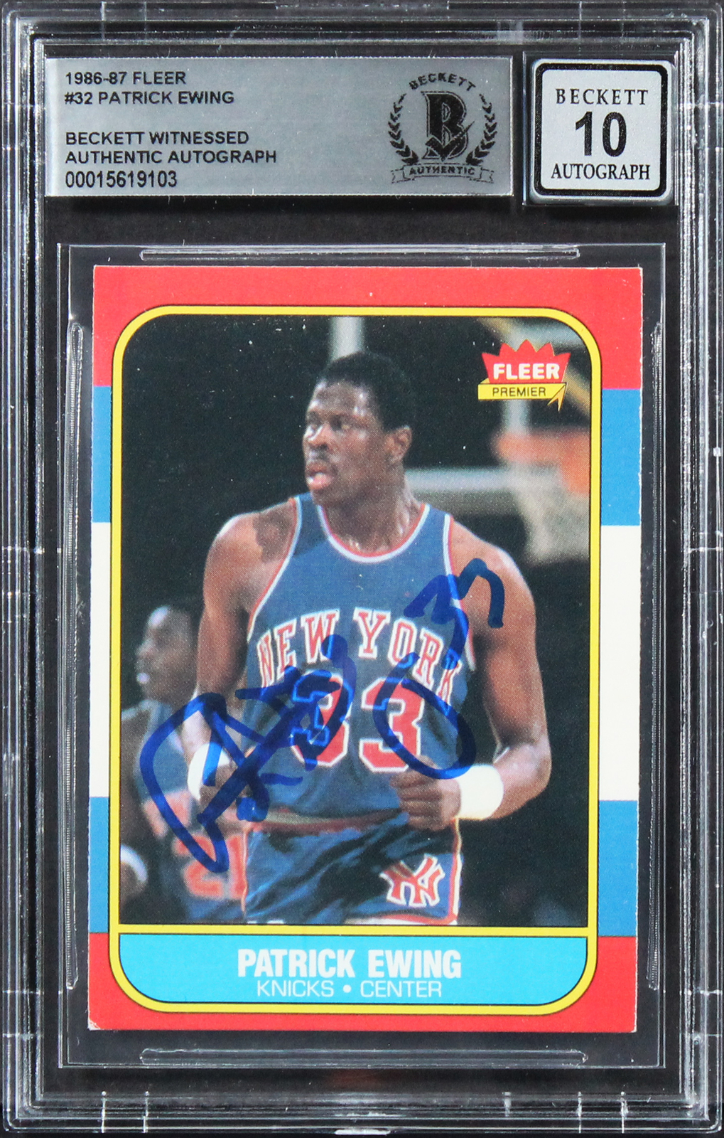 Knicks Patrick Ewing Signed 1986 Fleer #32 RC Card Auto Graded 10! BAS Slabbed 1

