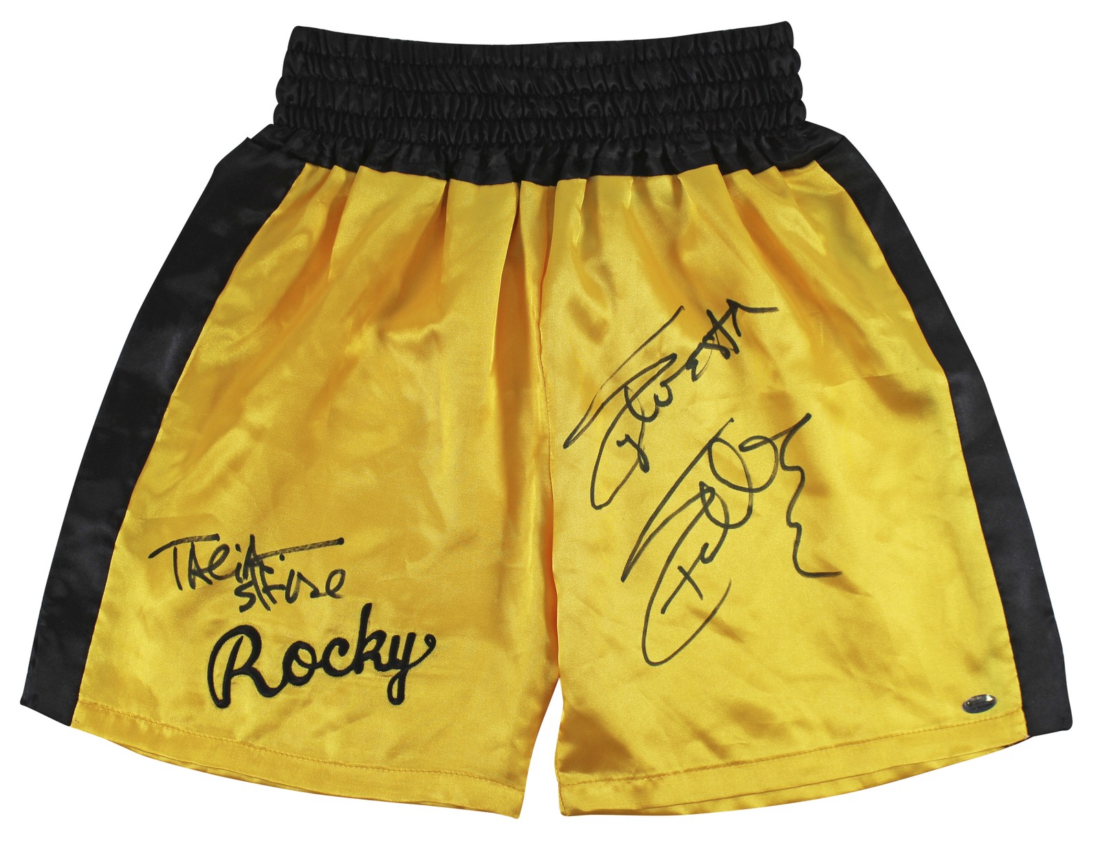 Sylvester Stallone & Talia Shire Signed Yellow Rocky Boxing Trunks BAS #AB14661
