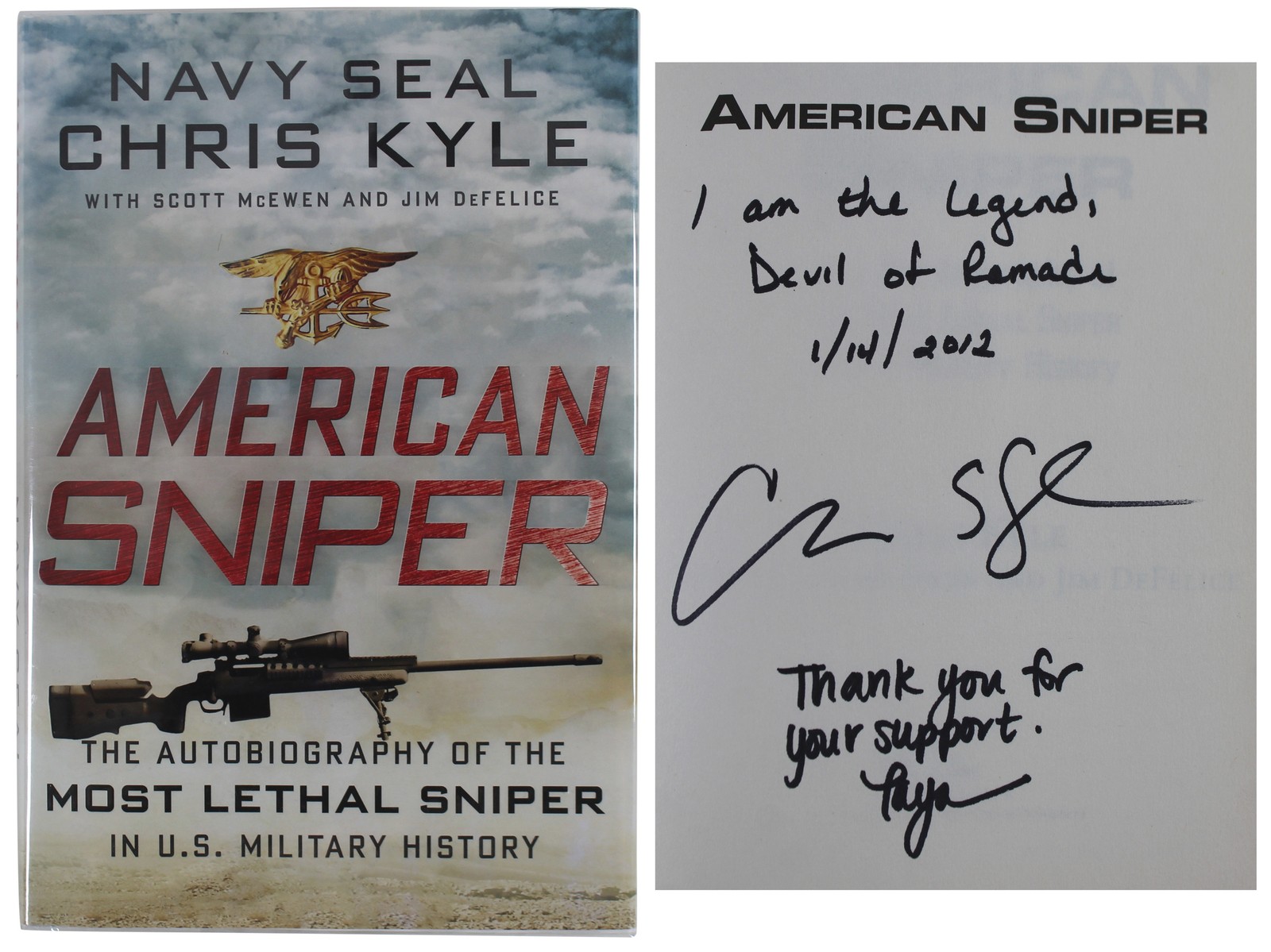 Chris Kyle & Taya Kyle Signed American Sniper 1st Ed Hardcover Book BAS #AB14676
