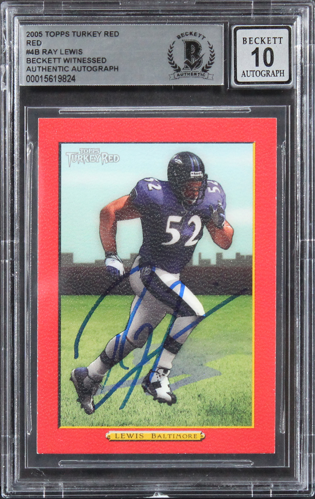 Ravens Ray Lewis Signed 2005 Topps Turkey Red Red #4B Card Auto 10! BAS Slabbed

