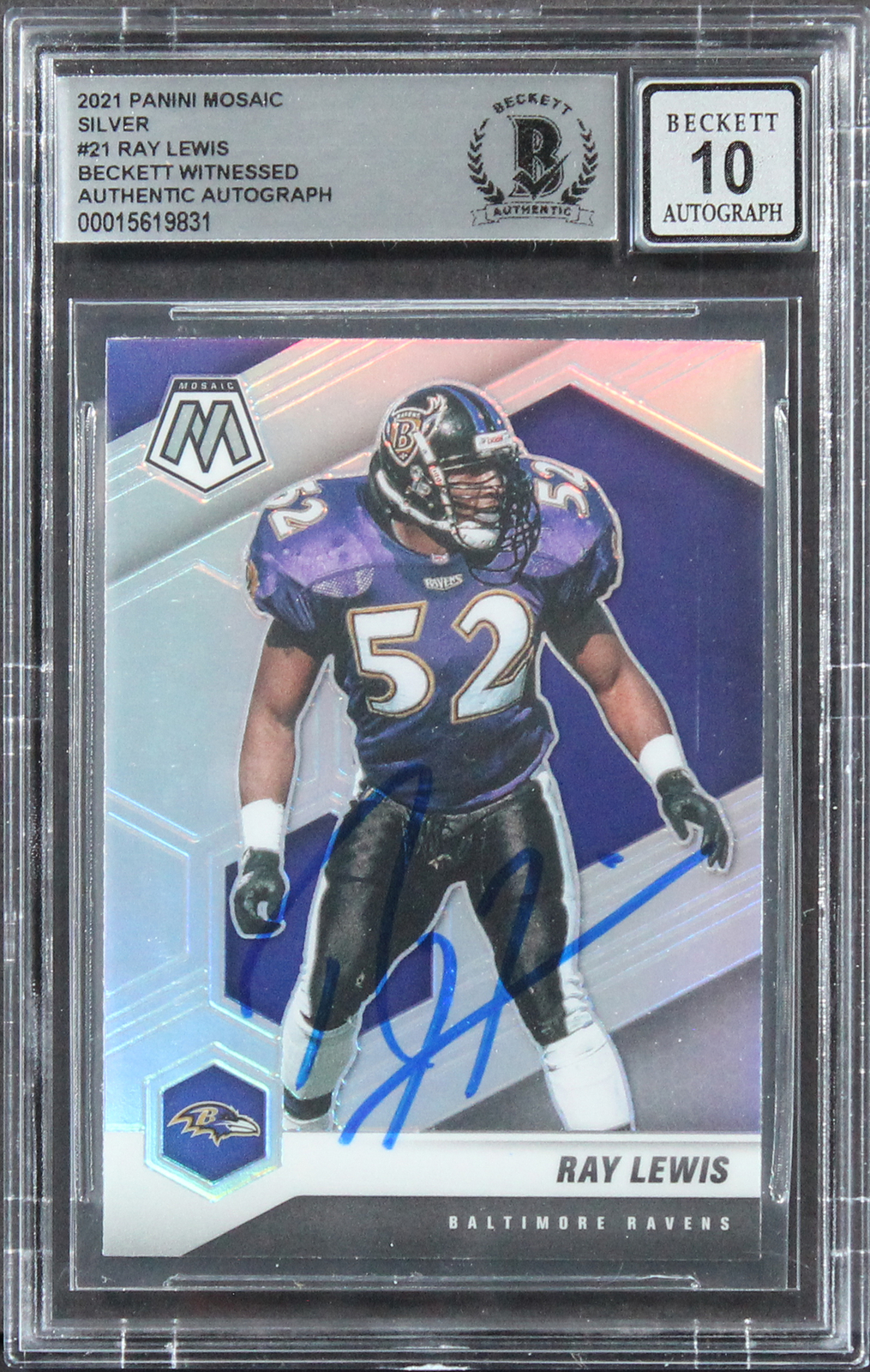 Ravens Ray Lewis Signed 2021 Panini Mosaic Silver #21 Card Auto 10! BAS Slabbed

