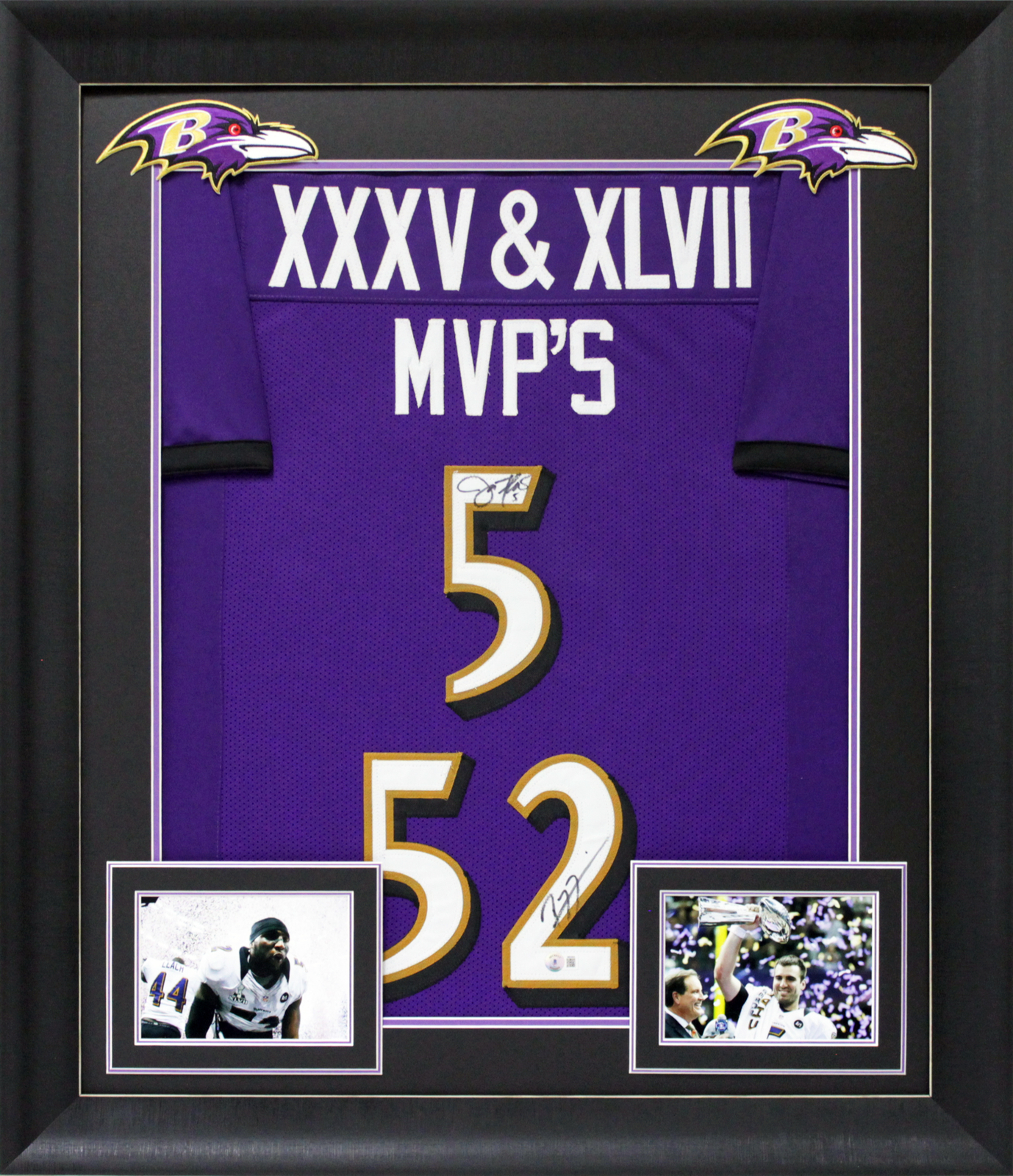 Ray Lewis & Joe Flacco Signed Purple Pro Style Framed Jersey BAS Witnessed
