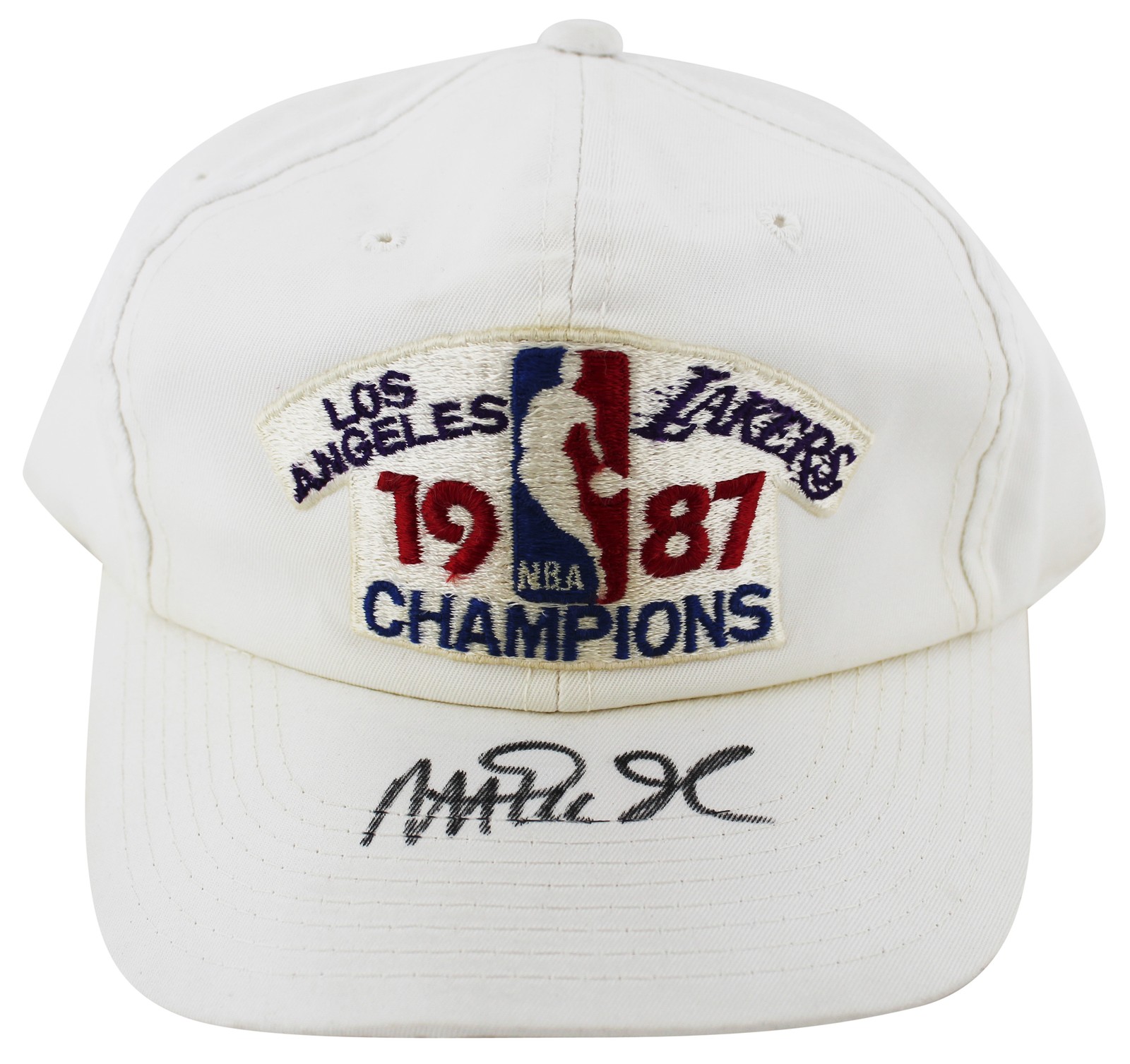 Lakers Magic Johnson Signed 1987 World Champions White Hat BAS Witness #W426873
