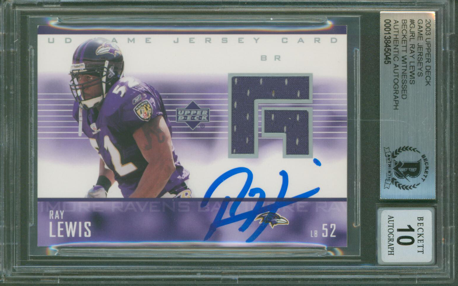 Ravens Ray Lewis Signed 2003 Upper Deck Game Jerseys #GJRL Card Auto 10 BAS Slab

