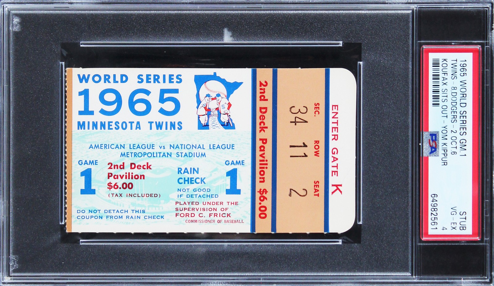 Dodgers Vs Twins 1965 WS Game 1 Ticket Stub Graded BG-EX 4 PSA/DNA Slabbed
