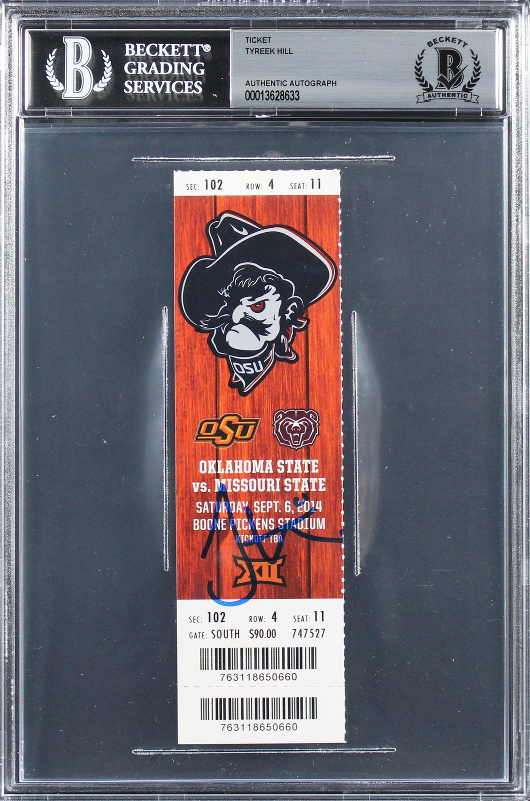 OK State Tyreek Hill Authentic Signed Sept 6th, 2014 Debut Ticket Stub BAS Slab
