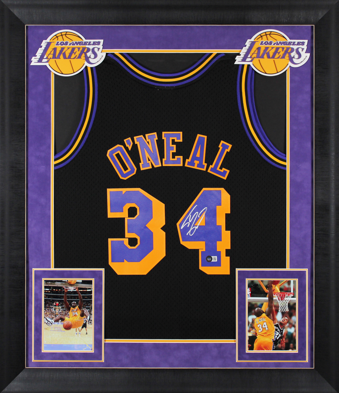 Lakers Shaquille O'Neal Signed Black M&N 96-97 HWC Swingman Framed Jersey BAS W
