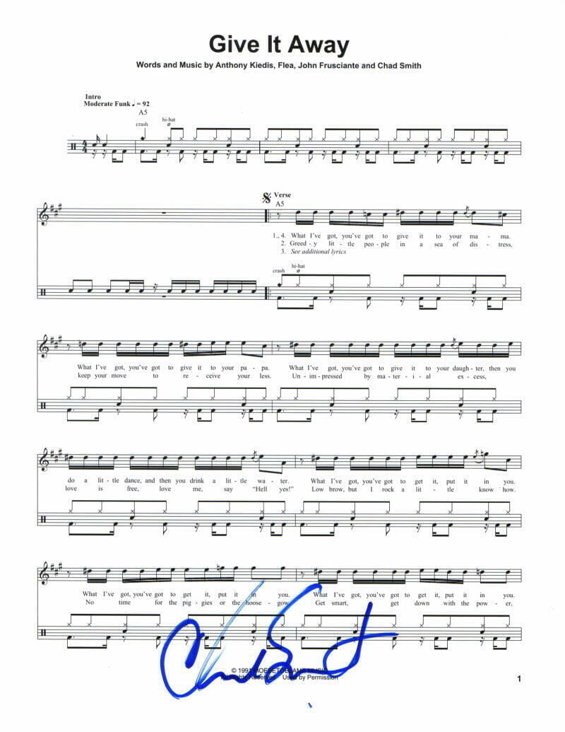 CHAD SMITH SIGNED AUTOGRAPH GIVE IT AWAY SHEET MUSIC RED HOT CHILI PEPPERS RARE!
