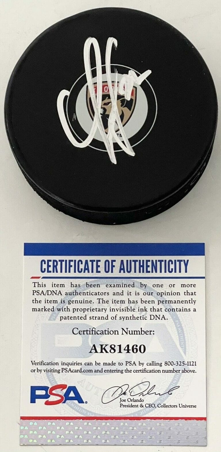 CHASE PRISKIE SIGNED AUTOGRAPHED FLORIDA PANTHERS LOGO PUCK PSA/DNA
 COLLECTIBLE MEMORABILIA