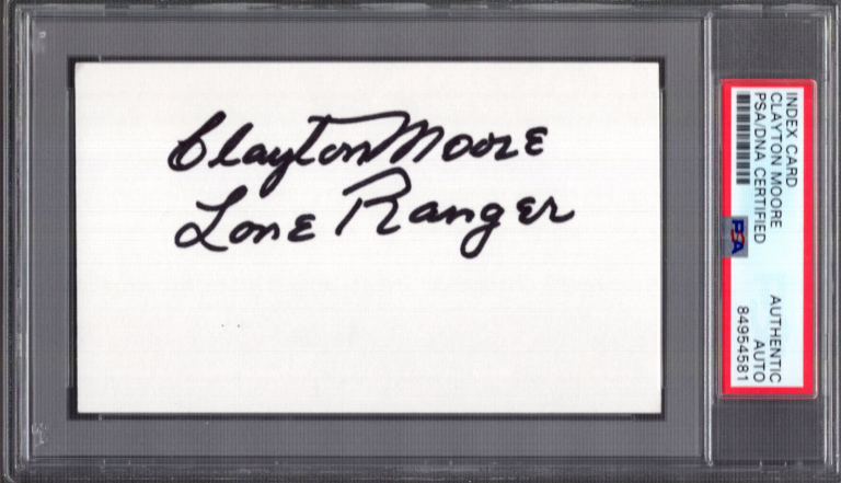 CLAYTON MOORE HAND SIGNED 3×5 CARD IN BLACK THE LONE RANGER PSA SLABBED
 COLLECTIBLE MEMORABILIA