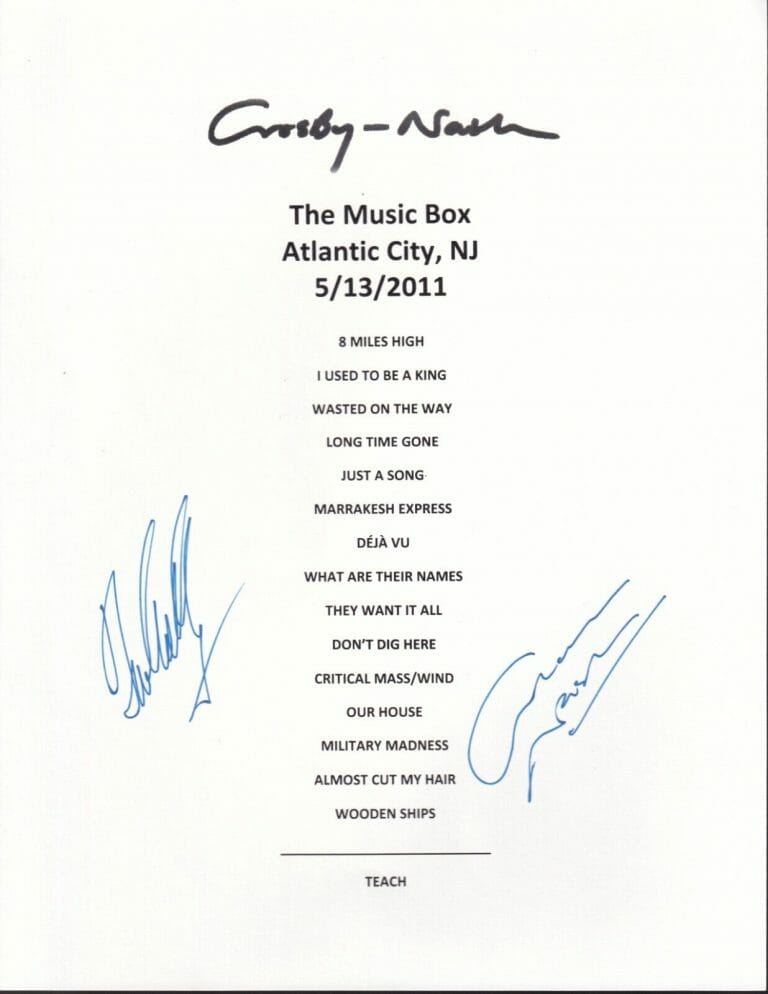 DAVID CROSBY & GRAHAM NASH REAL HAND SIGNED 8.5×11″ CONCERT SET LIST COA #1
 COLLECTIBLE MEMORABILIA