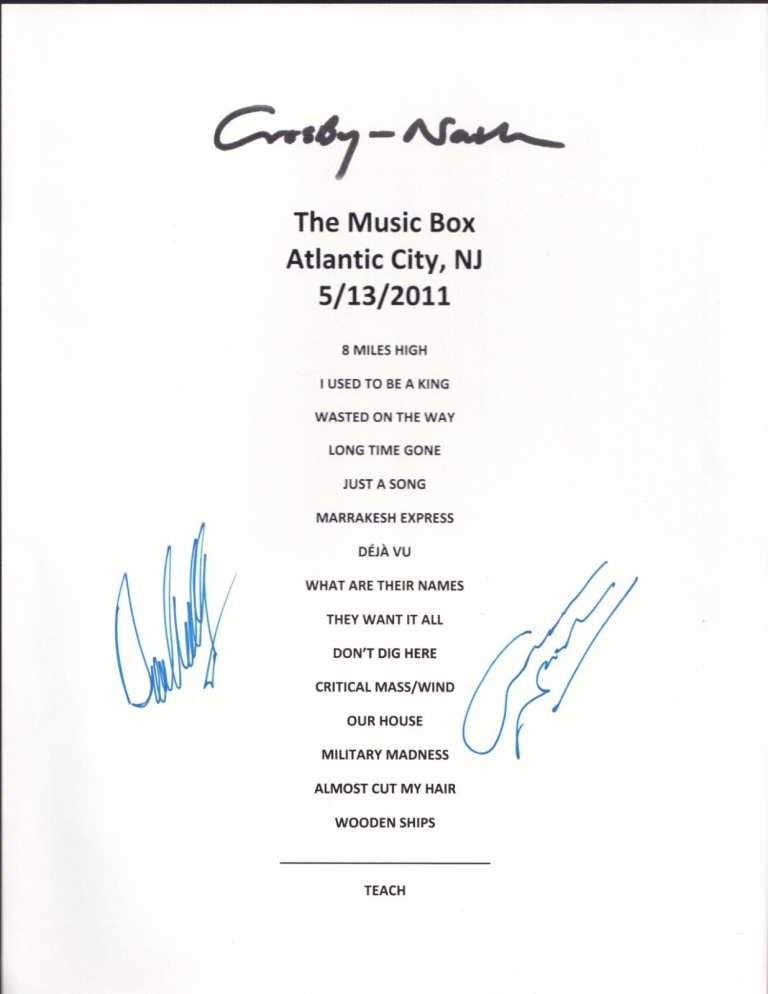 DAVID CROSBY & GRAHAM NASH REAL HAND SIGNED 8.5×11″ CONCERT SET LIST COA #3
 COLLECTIBLE MEMORABILIA